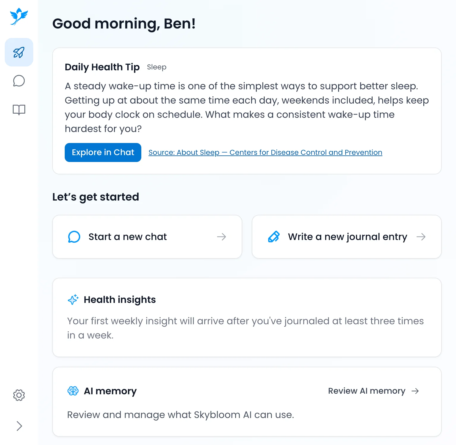 Skybloom dashboard with a Daily Health Tip about a consistent wake-up time and options to start a new chat or write a new journal entry.