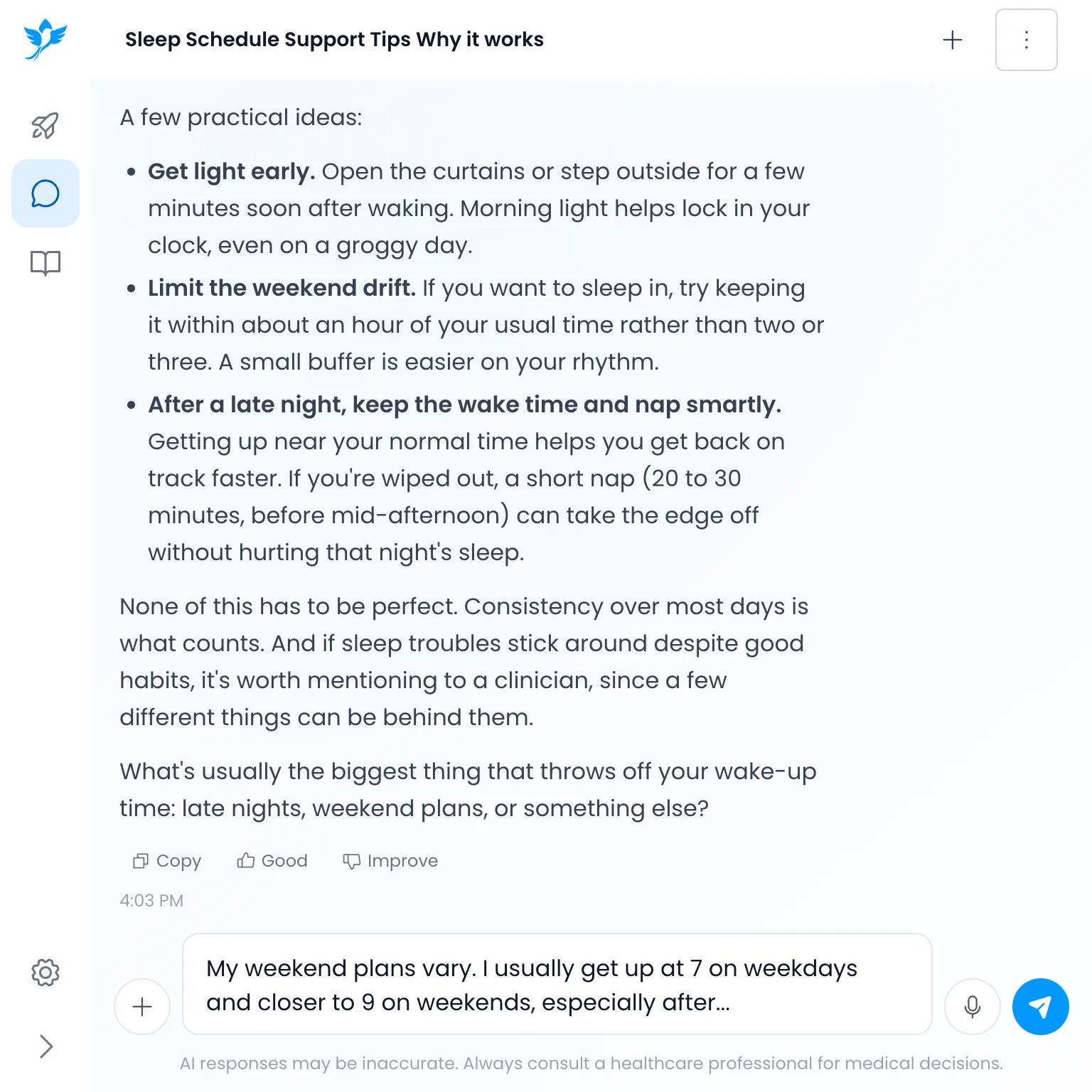 Skybloom Chat expanding a wake-up-time tip into practical ideas and asking what usually throws off the user's wake-up time.