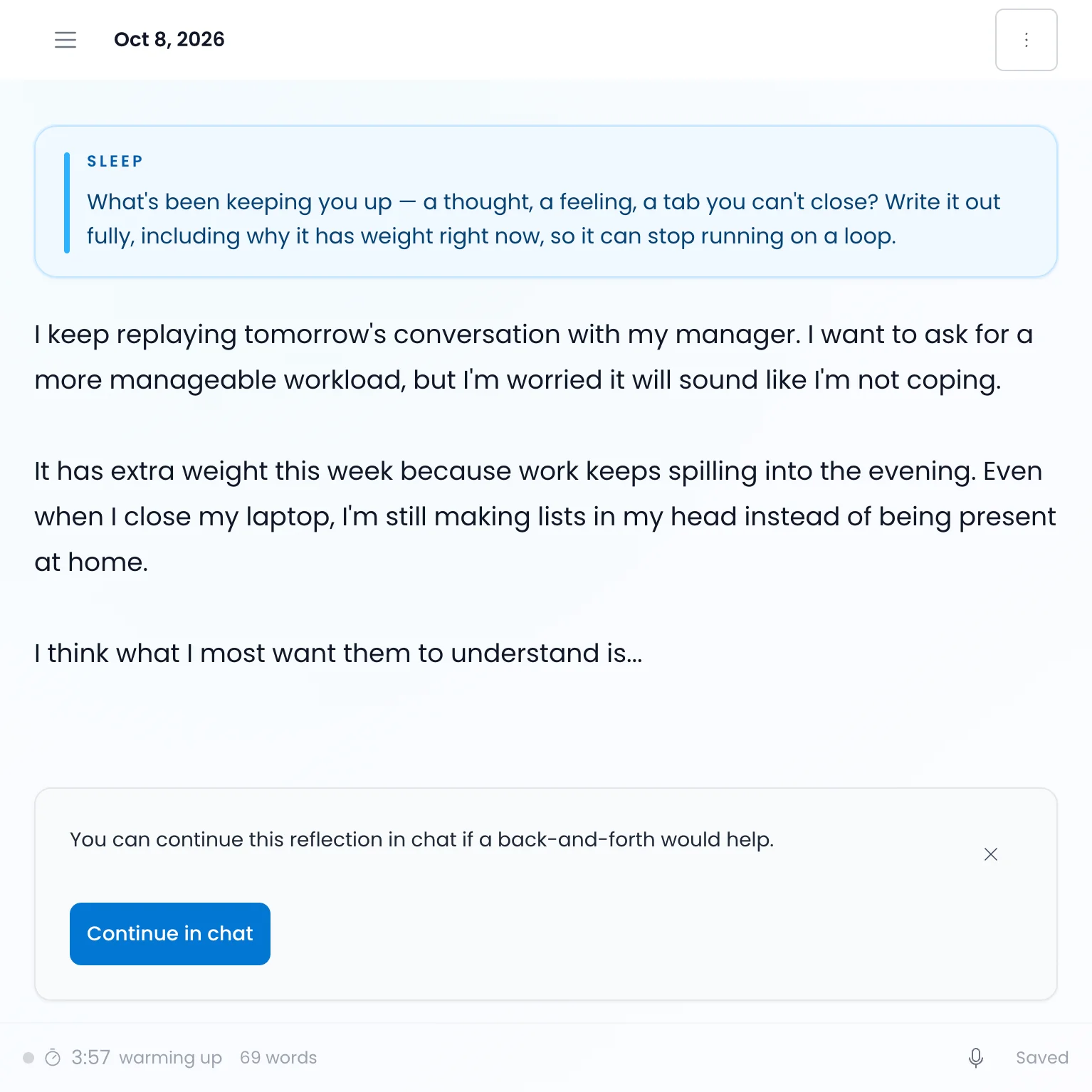A Skybloom journal entry answering a sleep prompt about what has been keeping the writer up, with an offer to continue it in chat.