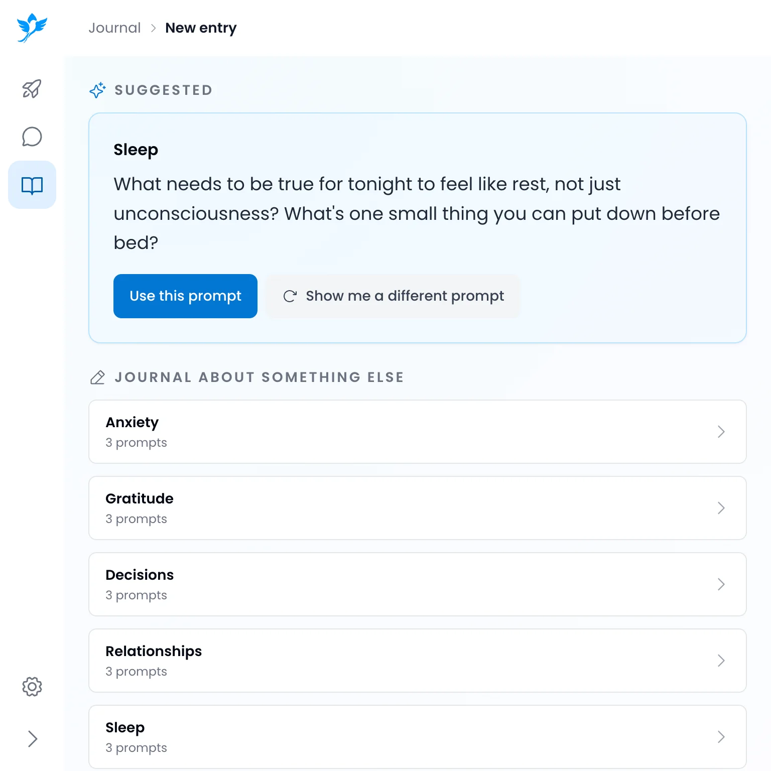 Skybloom's new journal entry screen with a suggested sleep prompt and other prompt topics.