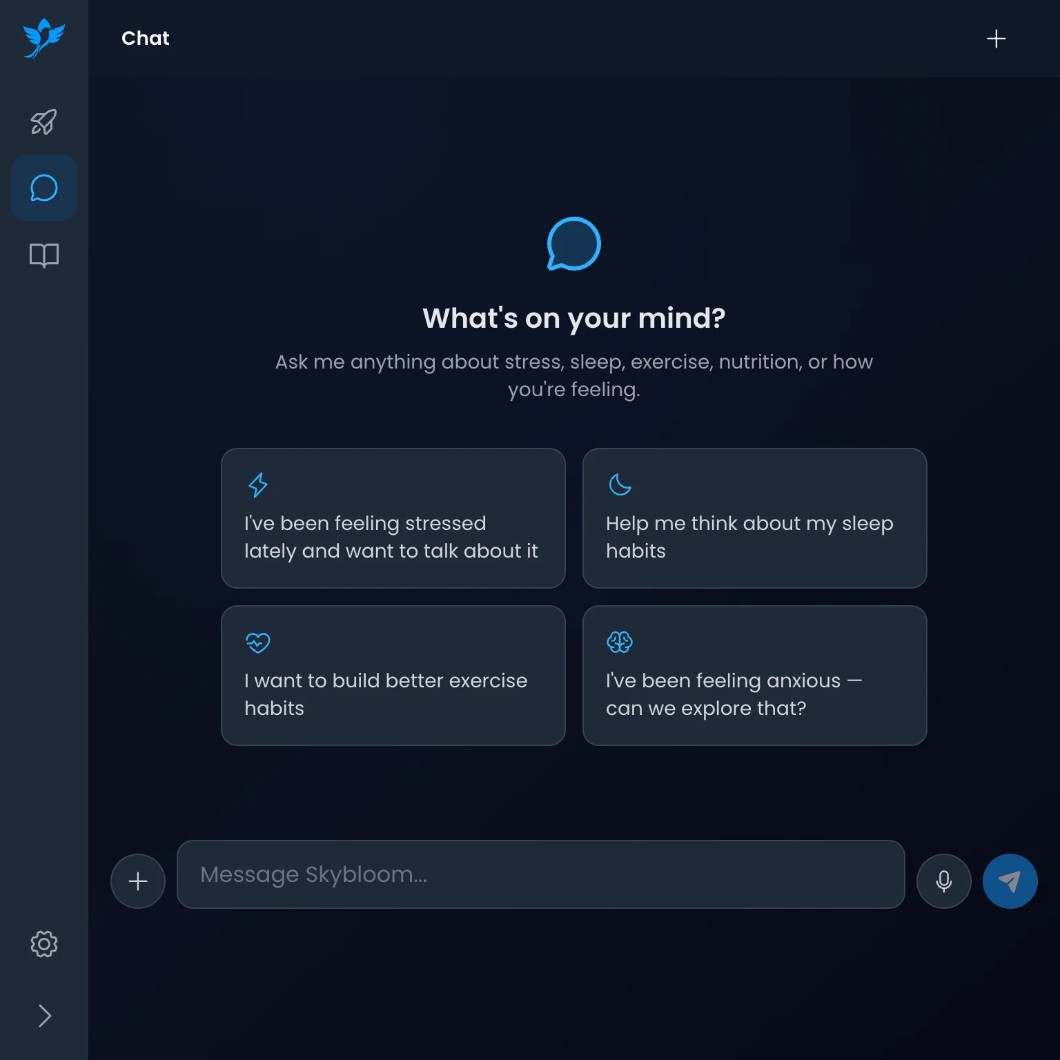 A new Skybloom chat in dark mode asking "What's on your mind?" with suggested starters, including sleep habits.