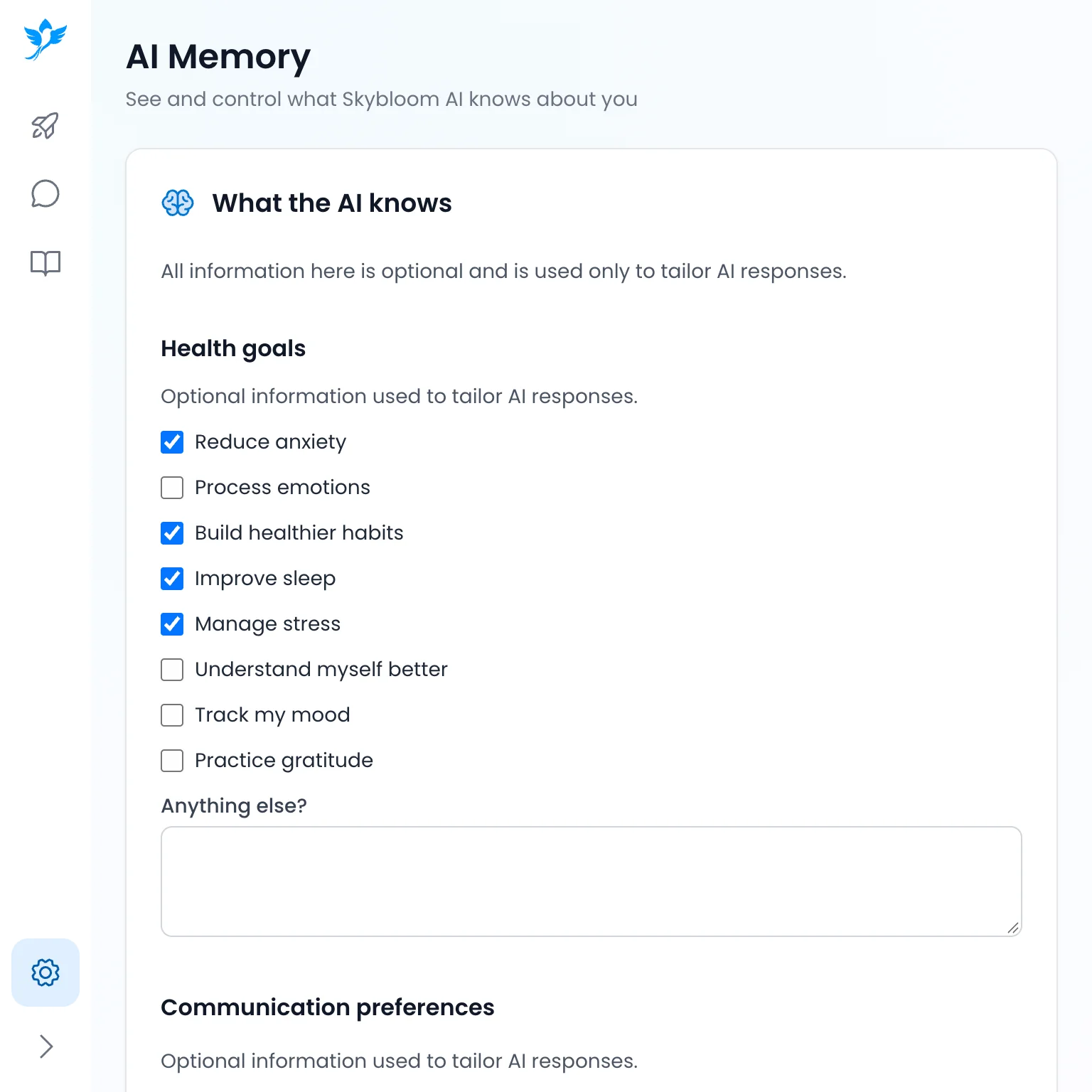 Skybloom AI Memory settings with optional health goals, including improve sleep and manage stress, selected.